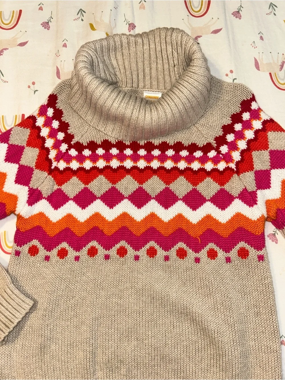 Turtleneck Fair Isle Sweater in Beige with Pink & Orange Accents